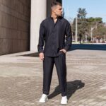 Σετ μαύρο πουκάμισο μαο & παντελόνι σε oversized γραμμή