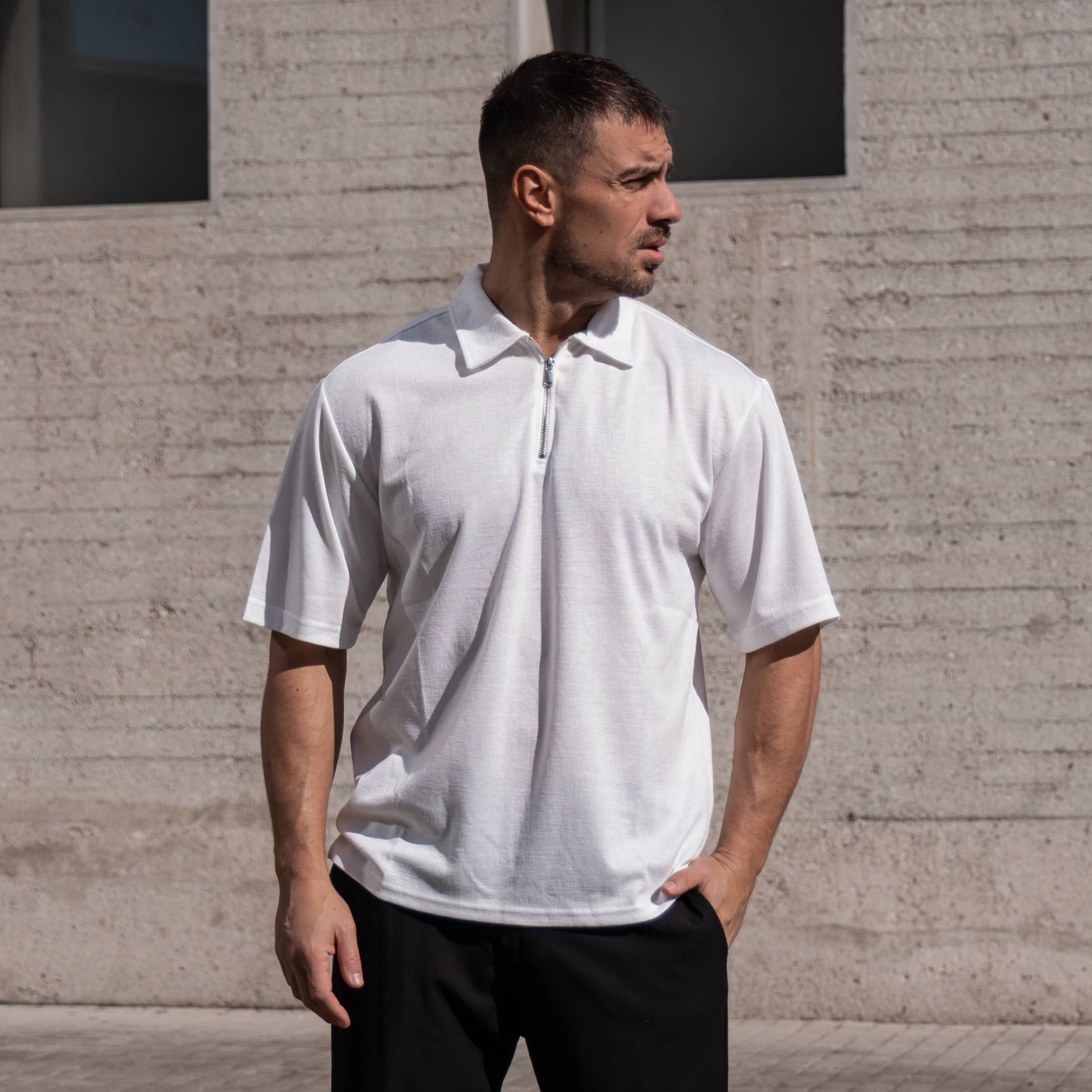 Νέο έργο (62) T-shirt μπλούζα λευκή με φερμουάρ σε oversized γραμμή - Image 1