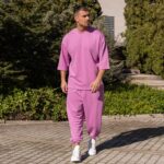 Σετ T-shirt & japaneese baggy φόρμα λιλά σε oversized γραμμή