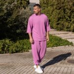 Σετ T-shirt & japaneese baggy φόρμα λιλά σε oversized γραμμή - Image 2