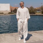 Σετ μπεζ πουκάμισο 3/4  & παντελόνι σε oversized γραμμή