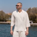 Σετ μπεζ πουκάμισο 3/4  & παντελόνι σε oversized γραμμή - Image 3