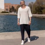 T-shirt μπλούζα λευκή πλεκτή 3/4 σε κανονική γραμμή - Image 3