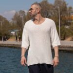 T-shirt μπλούζα λευκή πλεκτή 3/4 σε κανονική γραμμή