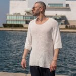 T-shirt μπλούζα λευκή πλεκτή 3/4 σε κανονική γραμμή - Image 2