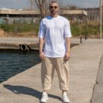 Σετ λευκό T-shirt & μπεζ  japaneese baggy φόρμα σε oversized γραμμή