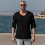 T-shirt μπλούζα μαύρη πλεκτή 3/4 σε κανονική γραμμή