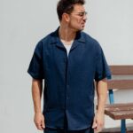 Πουκάμισο κοντομάνικο λινό μπλε σε άνετη γραμμή