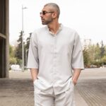 Πουκάμισο γκρι 3/4 μανίκι με βερμούδα σε oversized γραμμή