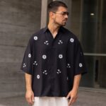 Πουκάμισο 3/4 μανίκι μαύρο με σχέδια σε oversized γραμμή