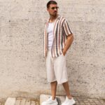 Πουκάμισο πλεκτό ριγέ μπεζ/καφέ κοντομάνικο σε oversized γραμμή - Image 6