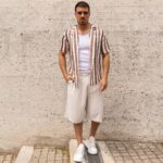 Πουκάμισο πλεκτό ριγέ μπεζ/καφέ κοντομάνικο σε oversized γραμμή - Image 7