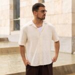 Πουκάμισο πλεκτό μπεζ κοντομάνικο σε oversized γραμμή - Image 4
