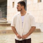 Πουκάμισο πλεκτό μπεζ κοντομάνικο σε oversized γραμμή - Image 3