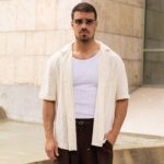 Πουκάμισο πλεκτό μπεζ κοντομάνικο σε oversized γραμμή