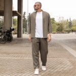 Set κιμονό με παντελόνι χακί λινό σε κανονική γραμμή
