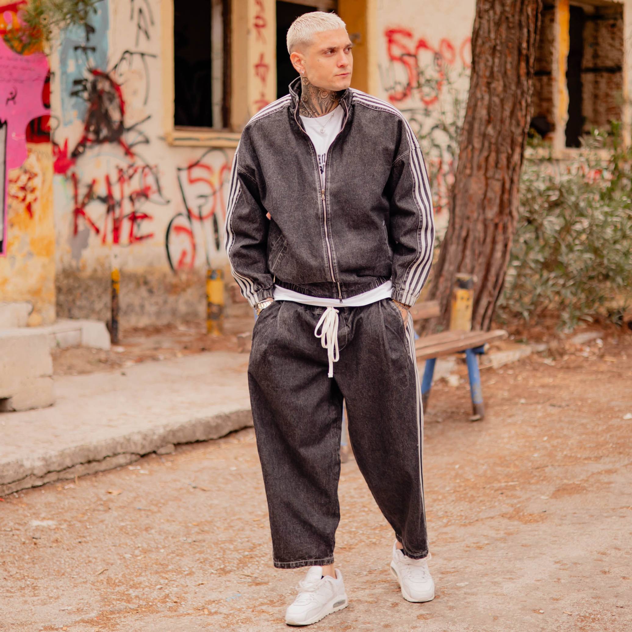 Νέο έργο (5) Jean set bomber jacket & παντελόνι baggy με ρίγες σε oversized γραμμή - Image 1